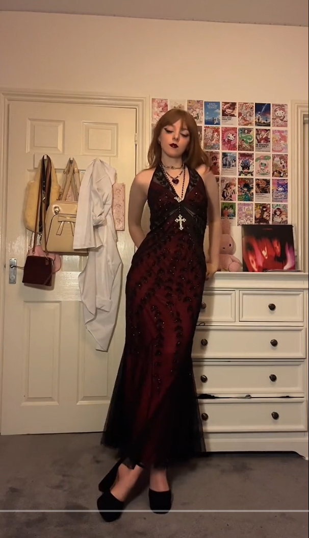 Burgundy Gothic V Neck Halter Lace Unique Long Prom Dress, DP2722