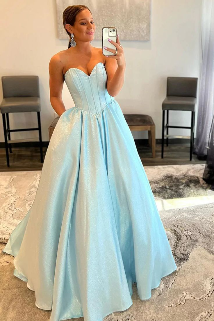 Blue A-Line Sweetheart Strapless Long Prom Dress,DP0151