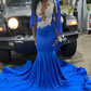 Royal Blue V-Neck Beading Mermaid Black Girl Evening Dress, DP2652