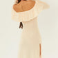 Ivory Off Shoulder Ruffle Long Party Dress with Slit,DP1824