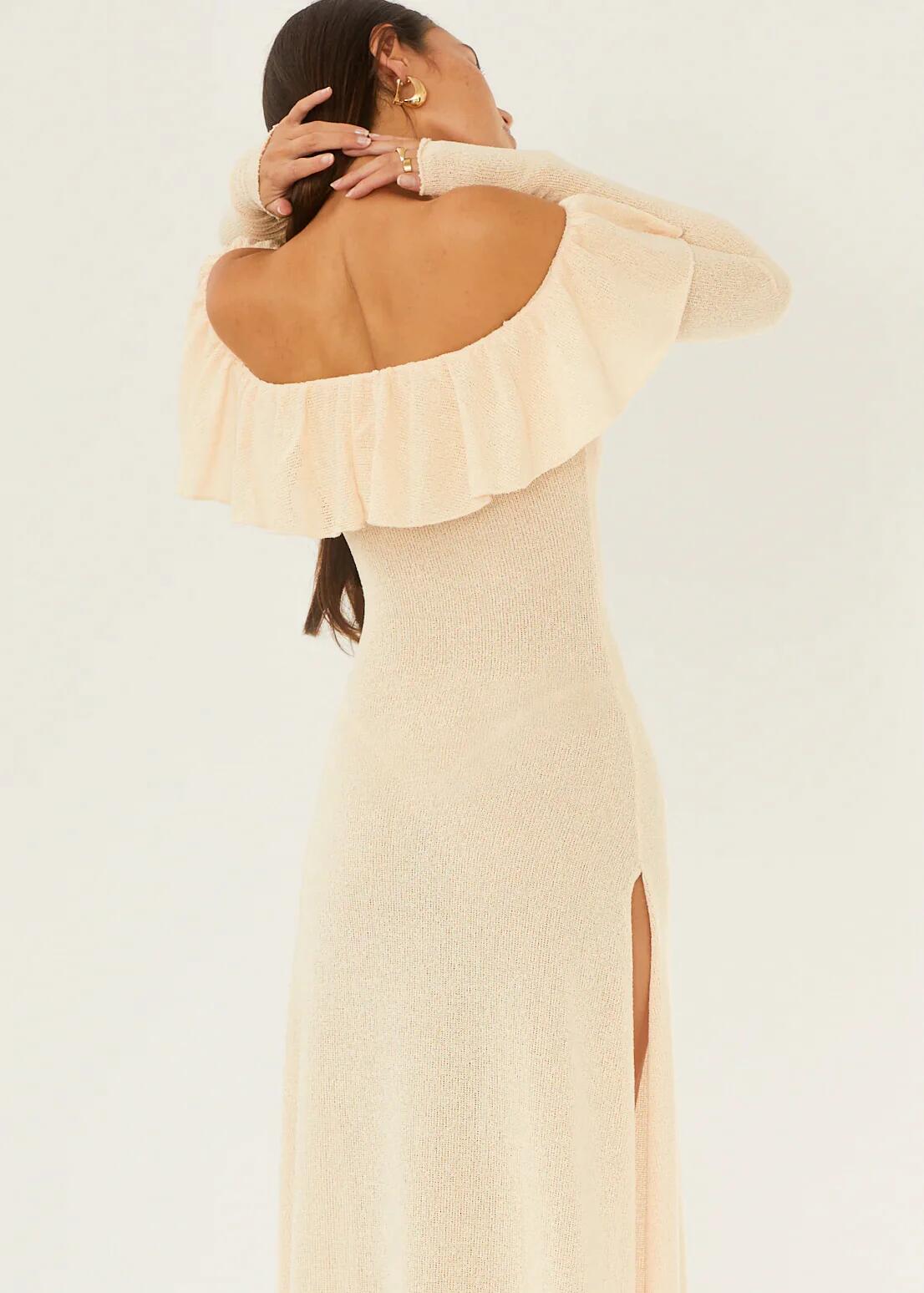 Ivory Off Shoulder Ruffle Long Party Dress with Slit,DP1824