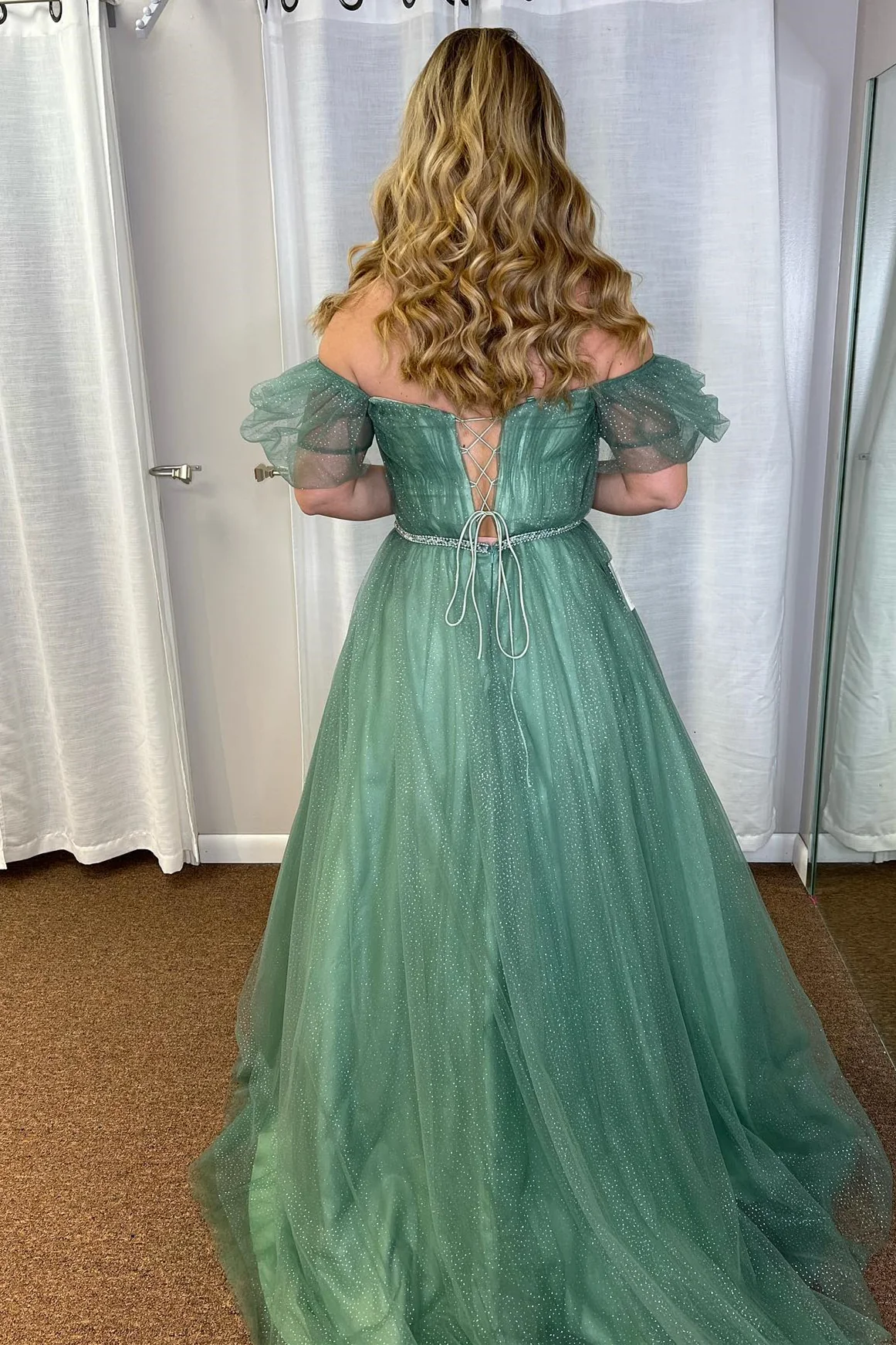 Sea Glass Tulle A-line V Neckline Off-Shoulder Long Prom Dress,DP042