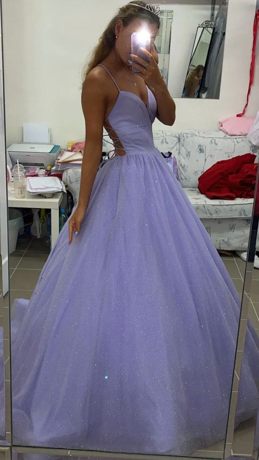 Purple V-neck Tulle Long Prom Dress Evening Dress,DP0197