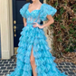 Blue Puff Sleeves A-line Multi-Layers Long Prom Dress with Slit,DP0157