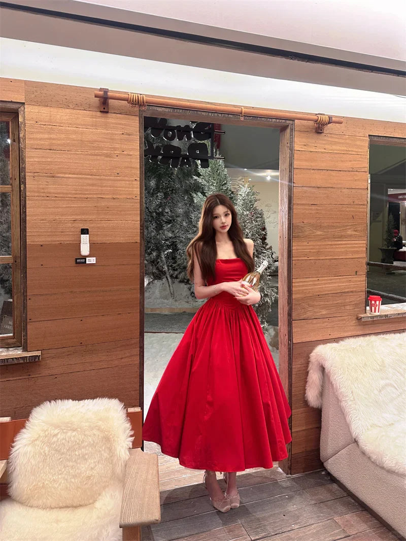 Elegan Red Halter-Neck A-Line Midi Prom Dress DP8654