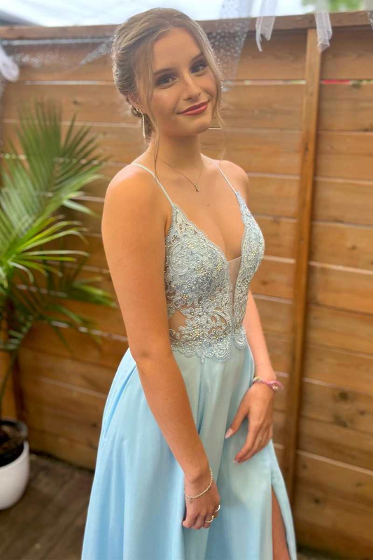 Light Blue Lace Plunge Neck A-Line Prom Dress with Slit,DP051