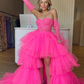 Hot Pink High Low Corset Homecoming Dress with Lace Long Prom Dress,DP0193