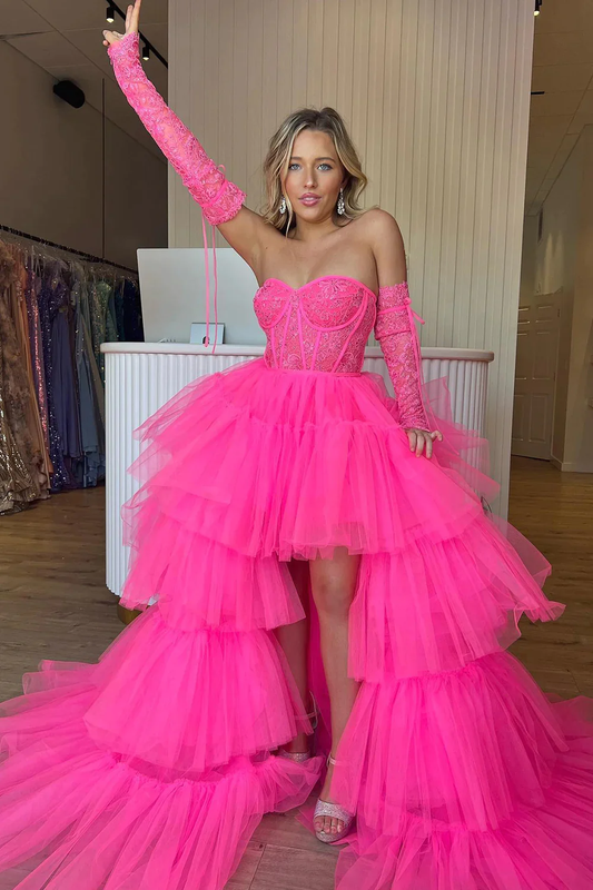 Hot Pink High Low Corset Homecoming Dress with Lace Long Prom Dress,DP0193