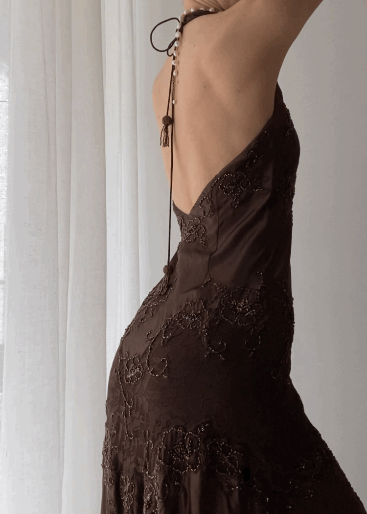 Vintage Halter Party Dress Brown Lace Evening Dress, DP2279