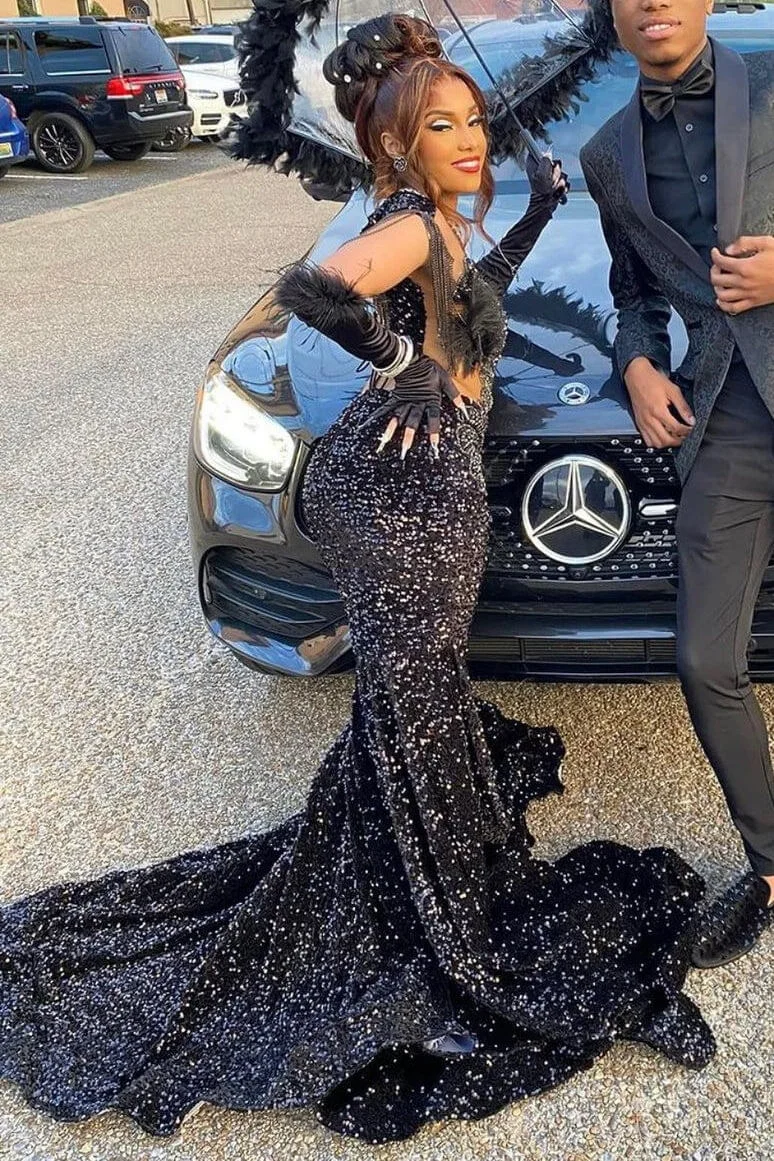 Black Sequins Beadings Mermaid Black Girl Long Prom Dress, DP2656