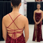 Burgundy Mermaid Lace-Up Back Sequins Long Prom Dress with Slit,DP034