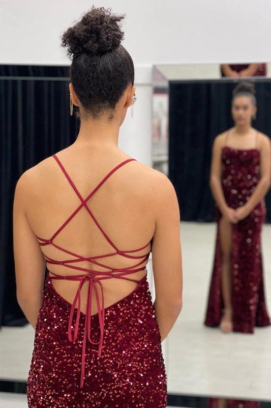 Burgundy Mermaid Lace-Up Back Sequins Long Prom Dress with Slit,DP034