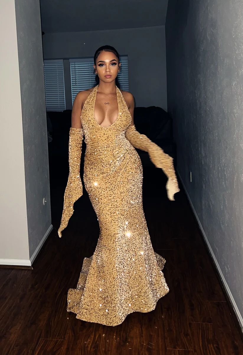 Shiny Gold Halter Mermaid Sequins Long Prom Dress, DP2178 DSProm Shiny Gold Halter Mermaid Sequins Long Prom Dress, DP2178 DSProm