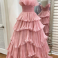 Candy Pink Tulle A-line Strapless Ruffles layers Long Prom Dress,DP0210