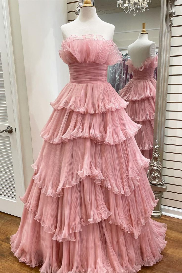 Candy Pink Tulle A-line Strapless Ruffles layers Long Prom Dress,DP0210