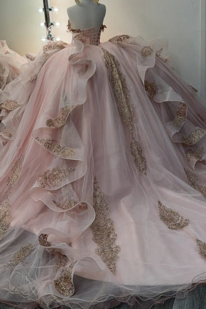 Robe de bal de quinceañera glamour en tulle rose brodé de perles, épaules dénudées, coupe trapèze, DP7153