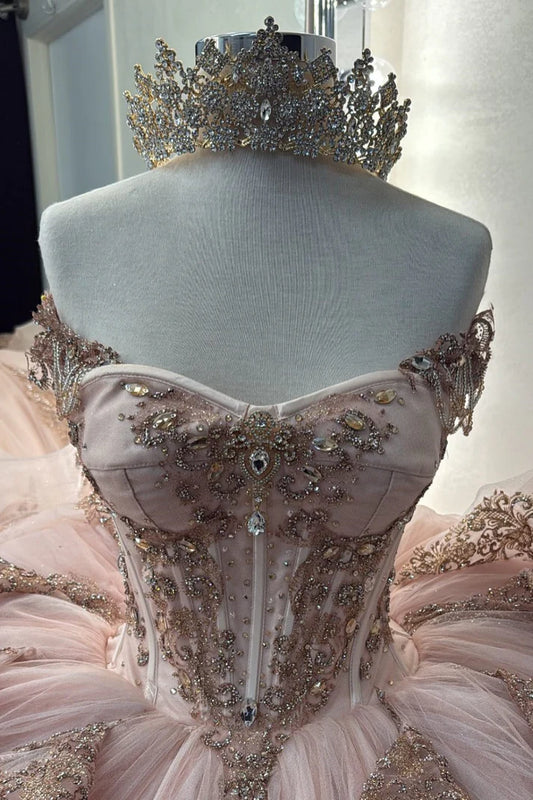 Robe de bal de quinceañera glamour en tulle rose brodé de perles, épaules dénudées, coupe trapèze, DP7153