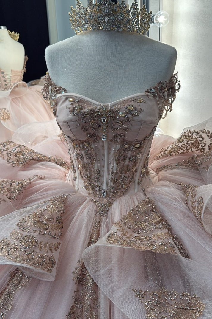 Robe de bal de quinceañera glamour en tulle rose brodé de perles, épaules dénudées, coupe trapèze, DP7153