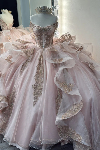 Robe de bal de quinceañera glamour en tulle rose brodé de perles, épaules dénudées, coupe trapèze, DP7153