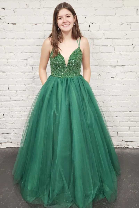 Green Tulle Sequin Lace-Up Back A-Line Prom Gown,DP037