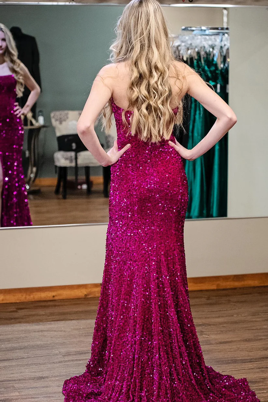 Fuchsia Strapless Sequin Mermaid Long Prom Dress with Slit, DP2015