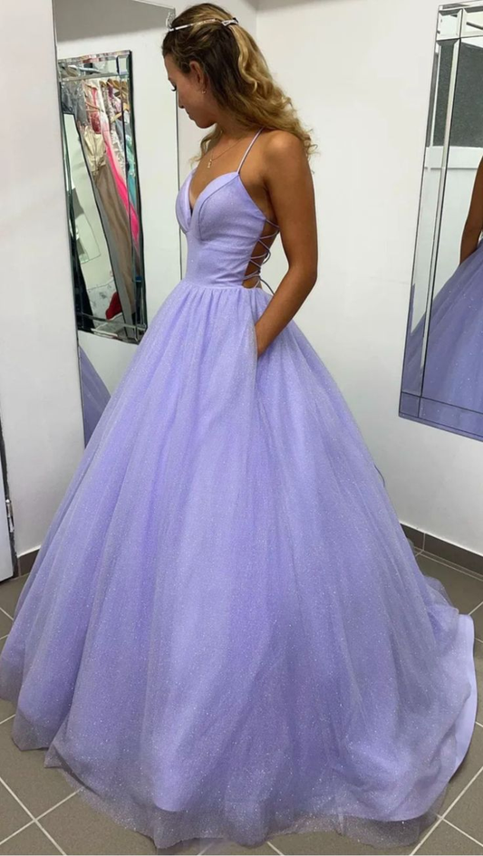 Purple V-neck Tulle Long Prom Dress Evening Dress,DP0197