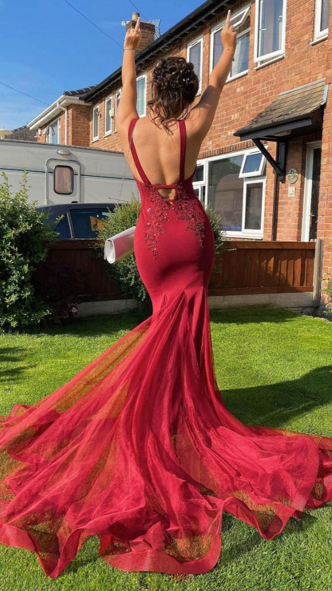 Burgundy Tulle Lace Mermaid Formal Long Prom Dress,DP0143