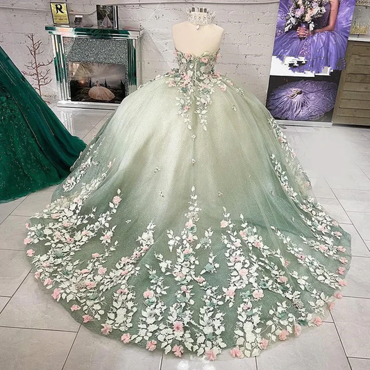 Sage Green Quinceanera Dress Ball Gown Lace Sweet 16 Dress With Flowers, DP2394