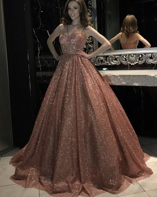 Rose Gold Sparkly Ball Gown Dresses Cross Neck,DP0250