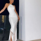 White Halter Sheath Sexy Prom Dress with Tassel,DP1689
