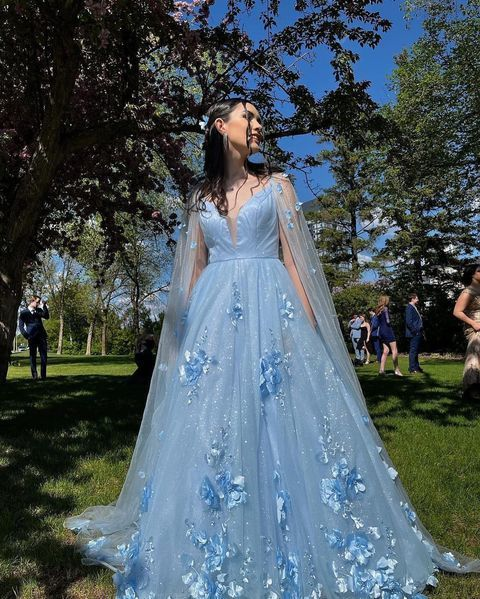 Sparkly Tulle Blue V Neck Cheap Prom Dresses 3D Flowers with Cape,DP0252