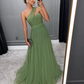 Green Long A-line Prom Dress Trendy Tulle Formal Evening Dresses,DP0173