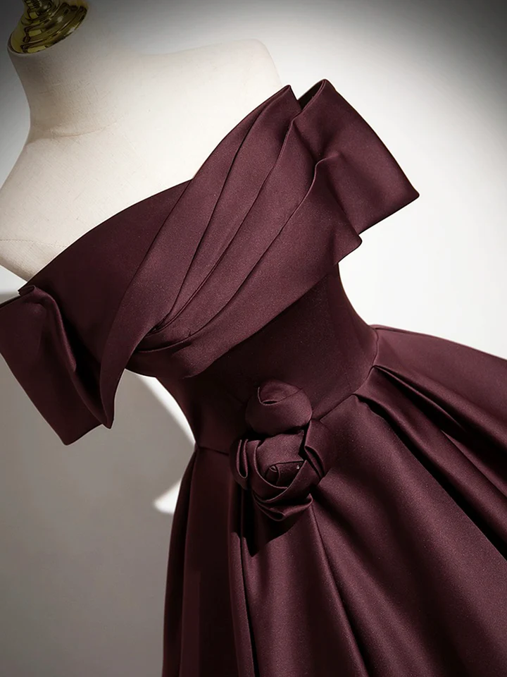 Dark Burgundy Satin Elegant A-Line Off Shoulder Evening Gown Formal Party Dress, DP2467