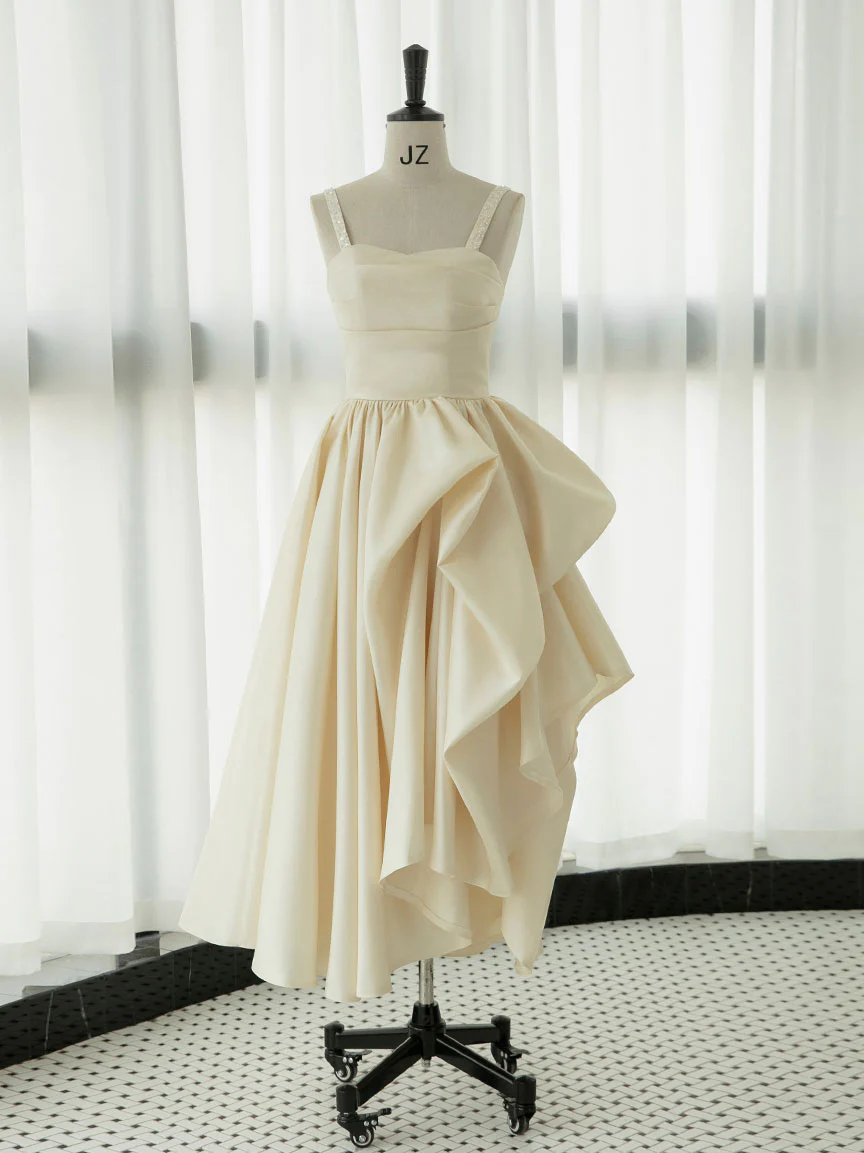 Ivory Satin Tea Length Prom Dress Formal Party Dress,DP1216