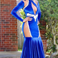 Royal Blue High Neck Long Sleeves Black Girl Mermaid Prom Dress, DP2655