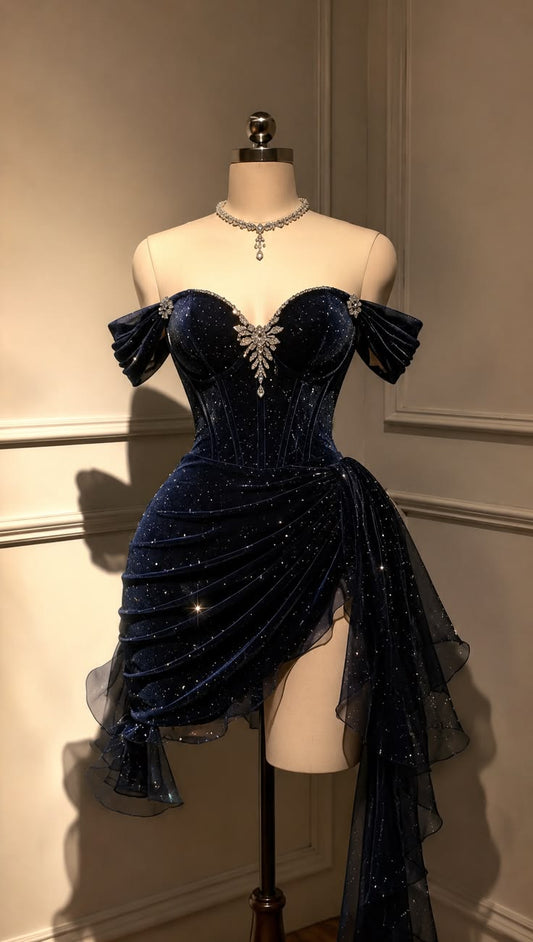 Luxe Navy Off The Shoulder Sparkle Corset Rhinestone Detail High Slit Ruffle Tulle Bodycon Short Homecoming Dress XS001