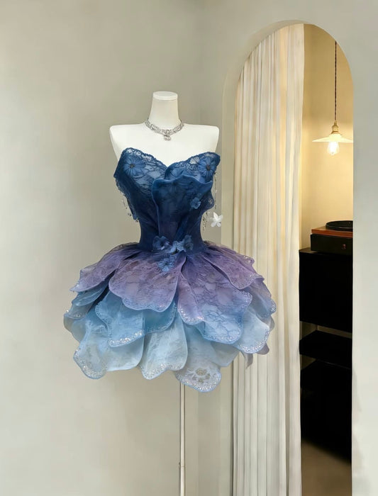 Stunning Ombre Blue Lavender Strapless Lace Corset 3D Floral Petal Skirt A Line Short Homecoming Dress XS003