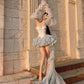 Stunning Light Blue Strapless Corset Detachable Puff Long Sleeve Multi Ruffle Tulle A Line Short Homecoming Dress With Bows And Long Ruffled Train XS004