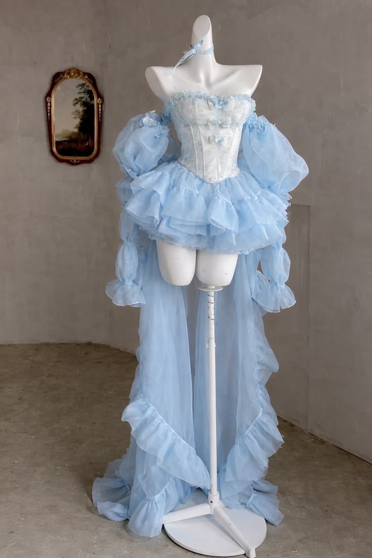 Stunning Light Blue Strapless Corset Detachable Puff Long Sleeve Multi Ruffle Tulle A Line Short Homecoming Dress With Bows And Long Ruffled Train XS004