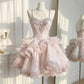 Luxe Champagne Spaghetti Strap Sweetheart Heavy Beaded Sequin Corset Ruffle Tulle A Line Short Homecoming Dress XS005