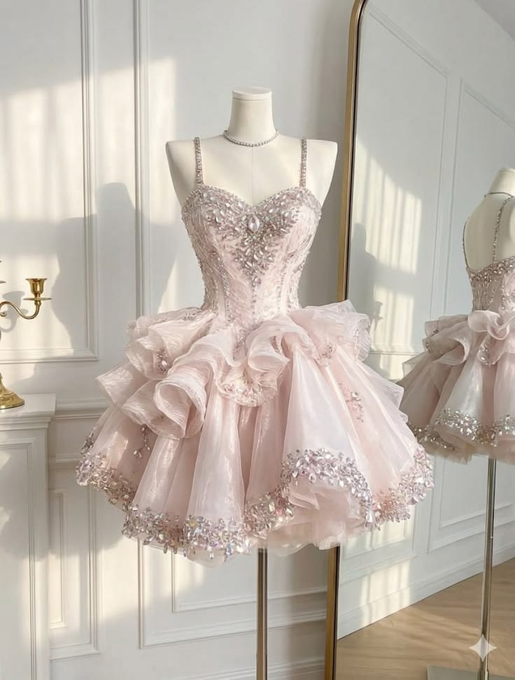 Luxe Champagne Spaghetti Strap Sweetheart Heavy Beaded Sequin Corset Ruffle Tulle A Line Short Homecoming Dress XS005