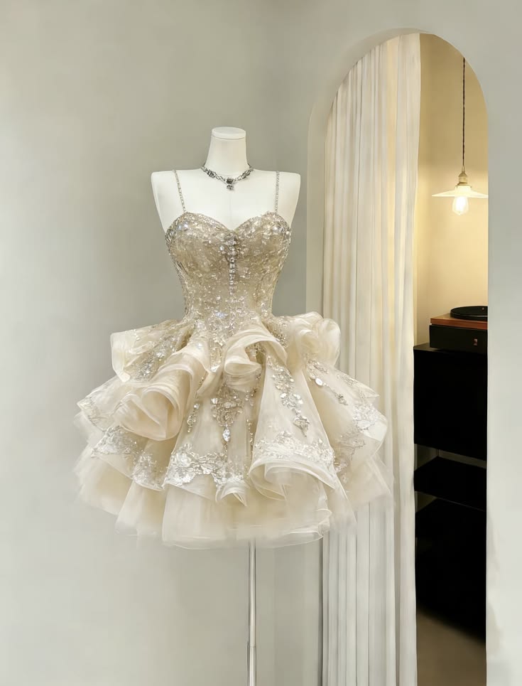 Luxe Champagne Spaghetti Strap Sweetheart Heavy Beaded Sequin Corset Ruffle Tulle A Line Short Homecoming Dress XS005