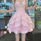 Glam Pink Strapless Sweetheart Rhinestone Beaded Trim Lace Corset Tiered Ruffle Tulle A Line Short Homecoming Dress XS006