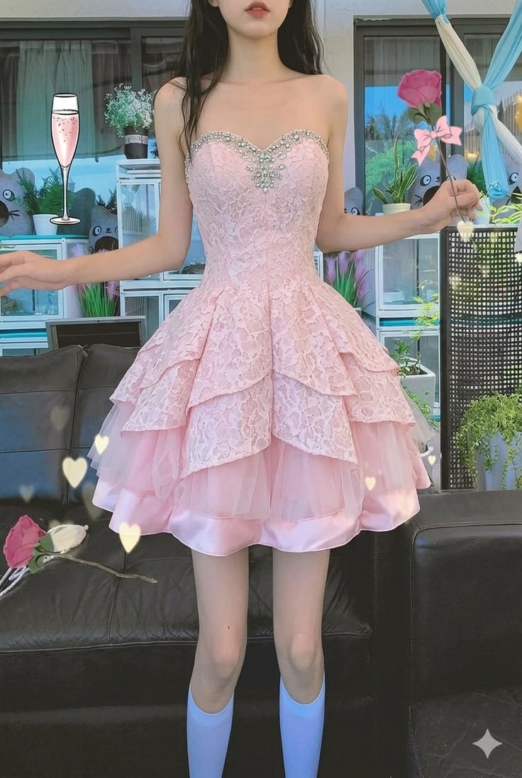 Glam Pink Strapless Sweetheart Rhinestone Beaded Trim Lace Corset Tiered Ruffle Tulle A Line Short Homecoming Dress XS006
