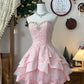 Glam Pink Strapless Sweetheart Rhinestone Beaded Trim Lace Corset Tiered Ruffle Tulle A Line Short Homecoming Dress XS006