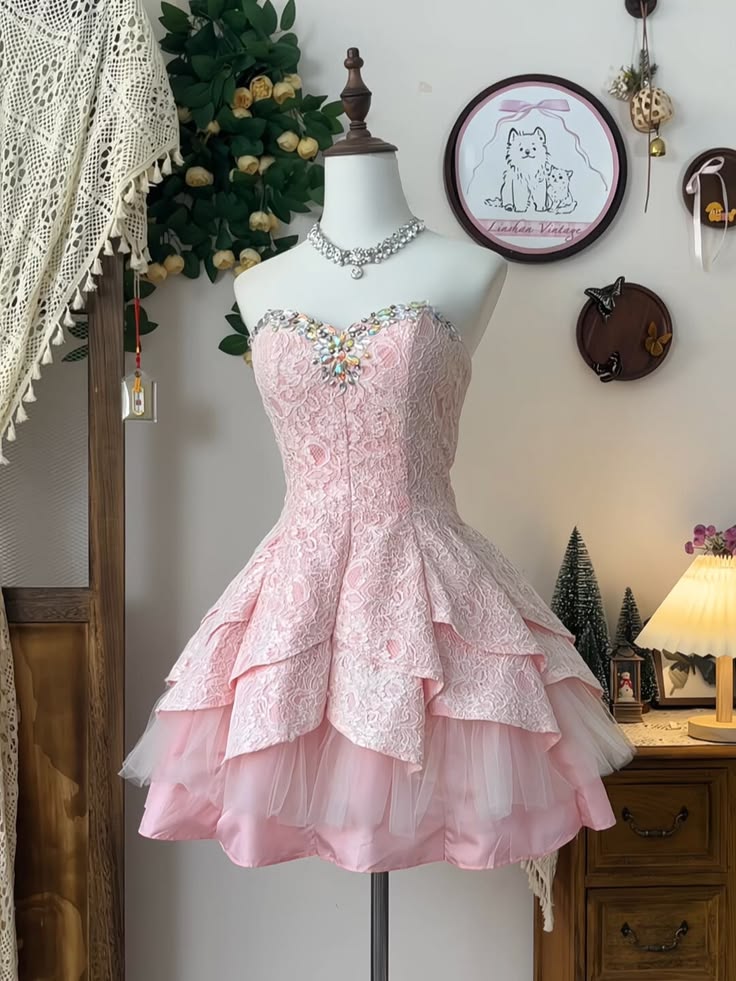 Glam Pink Strapless Sweetheart Rhinestone Beaded Trim Lace Corset Tiered Ruffle Tulle A Line Short Homecoming Dress XS006