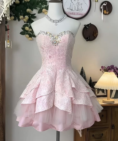 Glam Pink Strapless Sweetheart Rhinestone Beaded Trim Lace Corset Tiered Ruffle Tulle A Line Short Homecoming Dress XS006