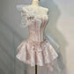 Chic Ivory Strapless Glitter Corset One Side Ruffle Tulle Floral Beaded Chain A Line Short Homecoming Dress XS007