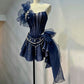 Chic Ivory Strapless Glitter Corset One Side Ruffle Tulle Floral Beaded Chain A Line Short Homecoming Dress XS007