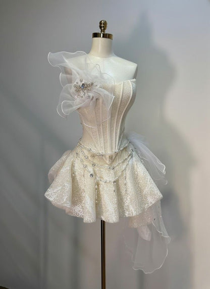 Chic Ivory Strapless Glitter Corset One Side Ruffle Tulle Floral Beaded Chain A Line Short Homecoming Dress XS007